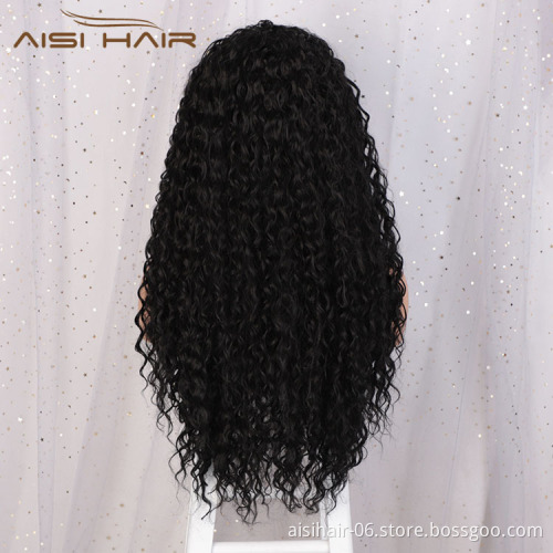 Aisi Hair 24 Inch Long Curly Wave Natural Black Swiss Lace Wig Afro Kinky Style Synthetic Lace Frontal Hair Wigs For Black Women